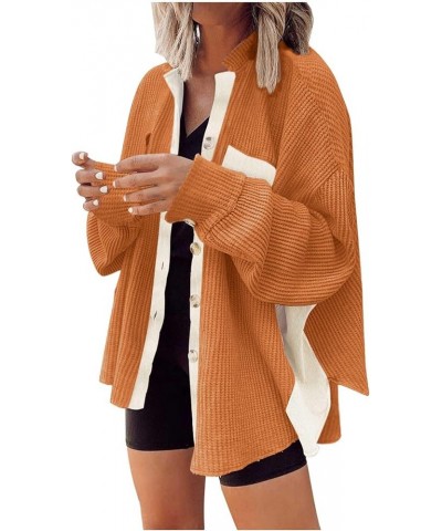 Womens Waffle Knit Button Down Shirts Casual Long Sleeve Shacket Jacket Fall Fashion 2023 Outerwear Jackets Coats 013 Orange ...