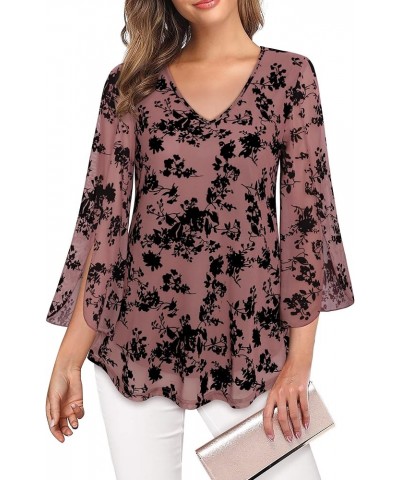 Womens Ruffle 3/4 Sleeve V Neck Double Layers Mesh Blouses Loose Fit Flowy Tunic Tops Dusty Rose $20.99 Tops