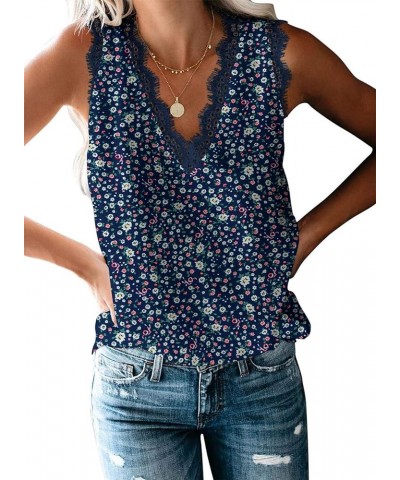 Women Ladies Sexy V Neck Lace Trim Tank Tops Dressy Camisole Casual Loose Sleeveless Chiffon Blouse Shirts Floral Navy Blue $...