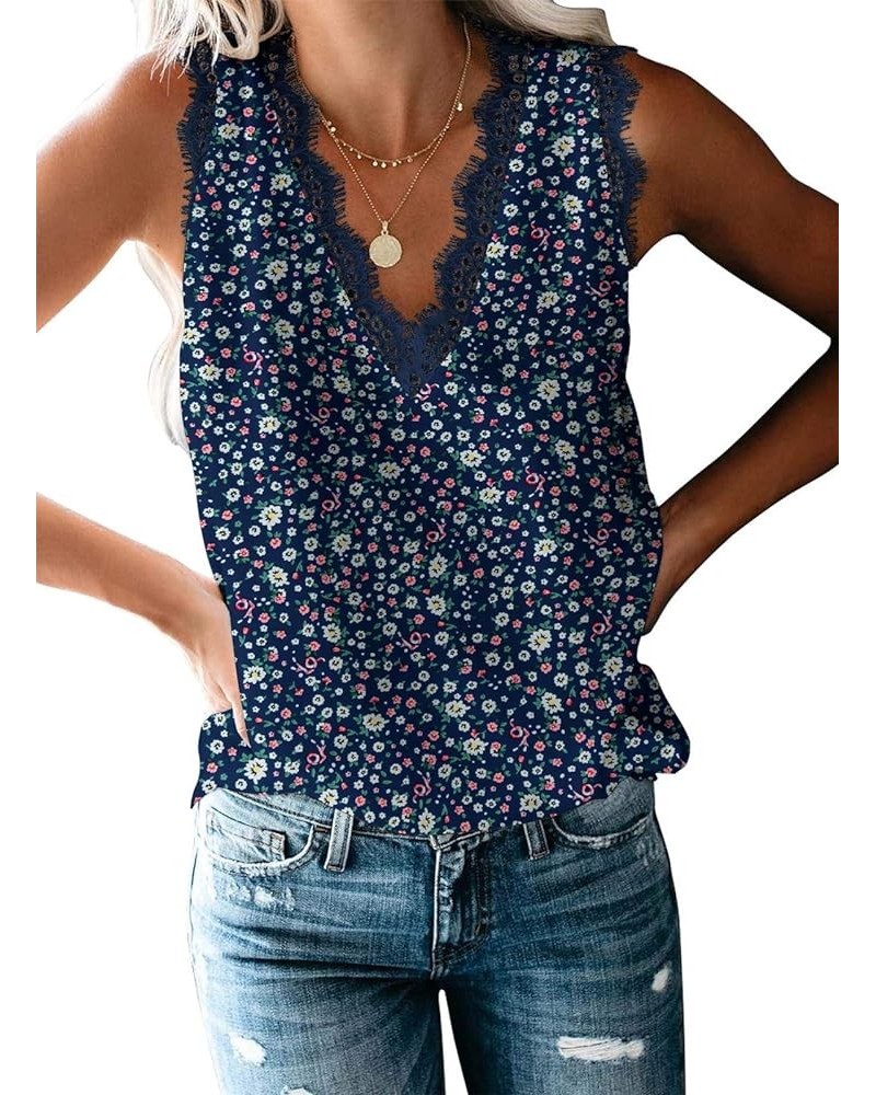 Women Ladies Sexy V Neck Lace Trim Tank Tops Dressy Camisole Casual Loose Sleeveless Chiffon Blouse Shirts Floral Navy Blue $...