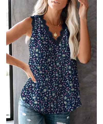 Women Ladies Sexy V Neck Lace Trim Tank Tops Dressy Camisole Casual Loose Sleeveless Chiffon Blouse Shirts Floral Navy Blue $...