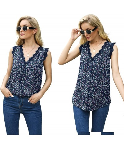 Women Ladies Sexy V Neck Lace Trim Tank Tops Dressy Camisole Casual Loose Sleeveless Chiffon Blouse Shirts Floral Navy Blue $...