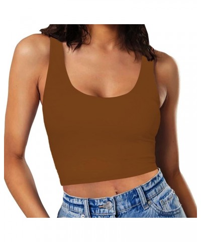 Women’s Sexy Sleeveless Crop Tops Double Layer Scoop Neck Cropped Tank Top Mocha Brown $11.19 Tanks