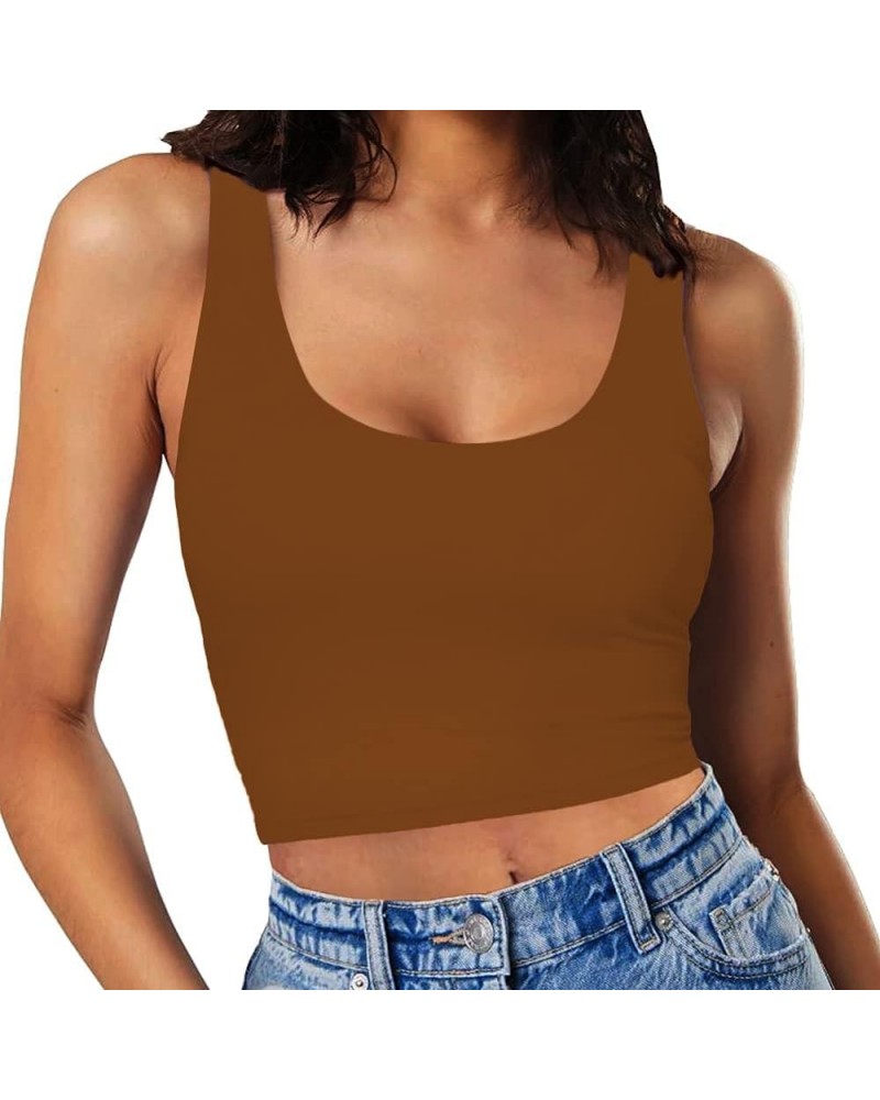 Women’s Sexy Sleeveless Crop Tops Double Layer Scoop Neck Cropped Tank Top Mocha Brown $11.19 Tanks