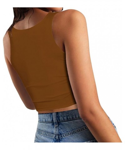 Women’s Sexy Sleeveless Crop Tops Double Layer Scoop Neck Cropped Tank Top Mocha Brown $11.19 Tanks