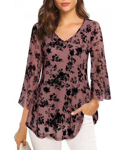 Womens Ruffle 3/4 Sleeve V Neck Double Layers Mesh Blouses Loose Fit Flowy Tunic Tops Dusty Rose $20.99 Tops