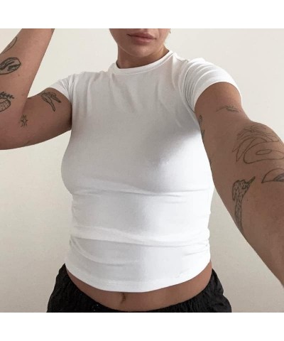 Women’s Y2K Graphic Print Crop Tops Grunge Short Sleeve Tee Shirts Cute Baby Tees for Teen Girls Solid White $8.54 T-Shirts