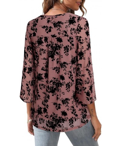 Womens Ruffle 3/4 Sleeve V Neck Double Layers Mesh Blouses Loose Fit Flowy Tunic Tops Dusty Rose $20.99 Tops