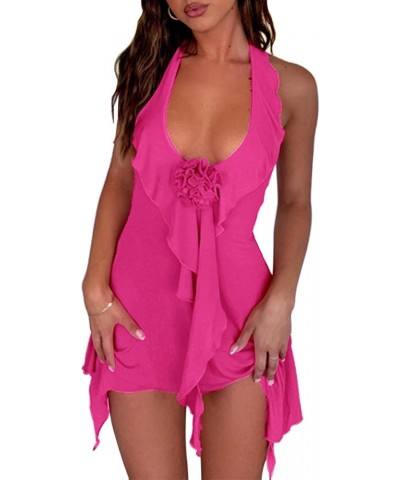 Women's Sexy Summer Sleeveless 3D Flower Halter Ruffle V Neck Cut Out Backless Y2k Flowy Mini Party Dress Rose Red $12.99 Dre...