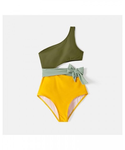 Family Matching Swimsuits Mommy and Me One Shoulder Cutout Colorblock Bathing Suits One Piece Swimwear Sets Men Green/Yellow ...