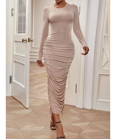 Women's Ruched Solid Stretchy Tie Hem Long Sleeve Bodycon Midi Dress Light Pink $25.64 Dresses