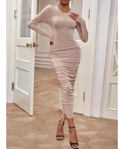 Women's Ruched Solid Stretchy Tie Hem Long Sleeve Bodycon Midi Dress Light Pink $25.64 Dresses