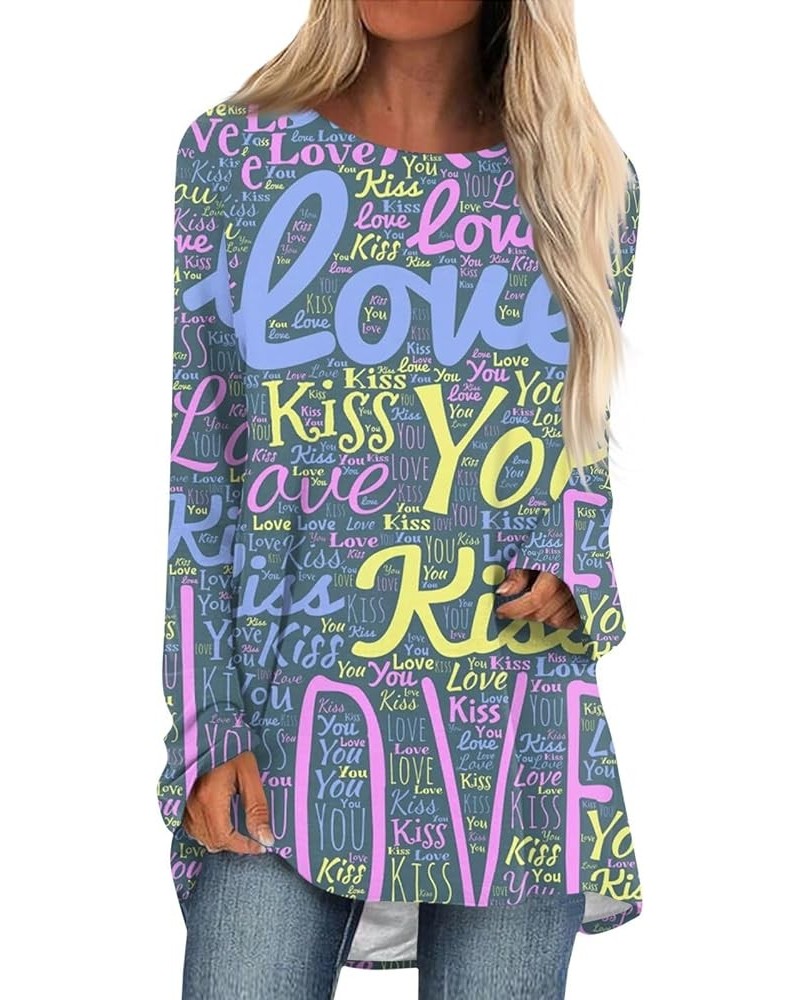 Valentines Tops for Women 2024 Casual Long Sleeve Holiday Heart Graphic Tees Cute Plus Size Shirts E-dark Blue $10.82 Tops