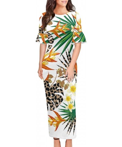 Women Summer Loose Casual Dress Brown African Art Round Neck Short Sleeve Long Maxi Dresses Leopard Tropical Leaves $15.84 Dr...