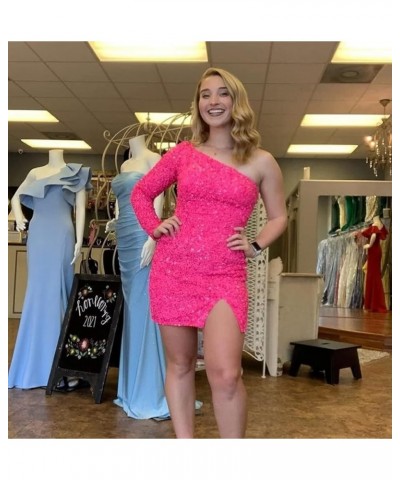 One Shoulder Sequin Homecoming Dresses Short for Teens One Sleeve Tight Sparkly Prom Cocktail Gowns Rose Gold-long Sleeve $24...