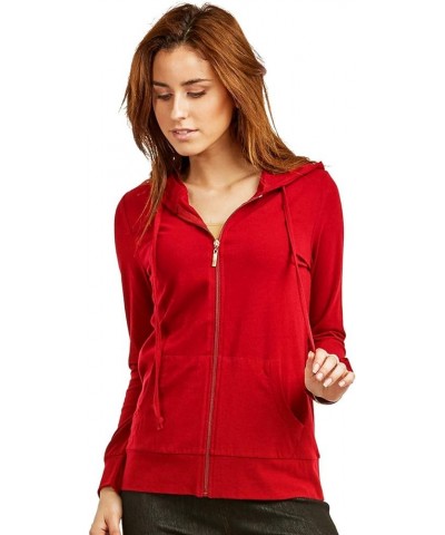 Women's Thin Cotton Zip Up Hoodie Jacket Red $15.34 Hoodies & Sweatshirts