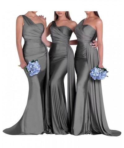 One Shoulder Bridesmaid Dresses Mermaid Satin Bodycon Long Wedding Dresses Evening Party Gowns with Slit Grey $28.60 Dresses