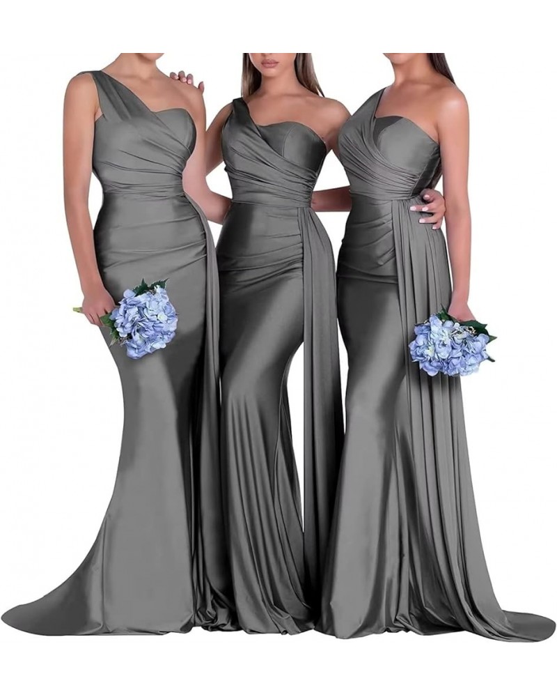 One Shoulder Bridesmaid Dresses Mermaid Satin Bodycon Long Wedding Dresses Evening Party Gowns with Slit Grey $28.60 Dresses