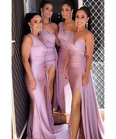 One Shoulder Bridesmaid Dresses Mermaid Satin Bodycon Long Wedding Dresses Evening Party Gowns with Slit Grey $28.60 Dresses