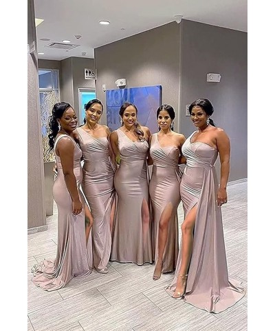 One Shoulder Bridesmaid Dresses Mermaid Satin Bodycon Long Wedding Dresses Evening Party Gowns with Slit Grey $28.60 Dresses