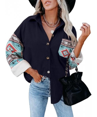 Womens Button Down Shirts Casual Long Sleeve Shacket Jacket Loose Fit Blouses Tops E Navy Flower $14.74 Blouses