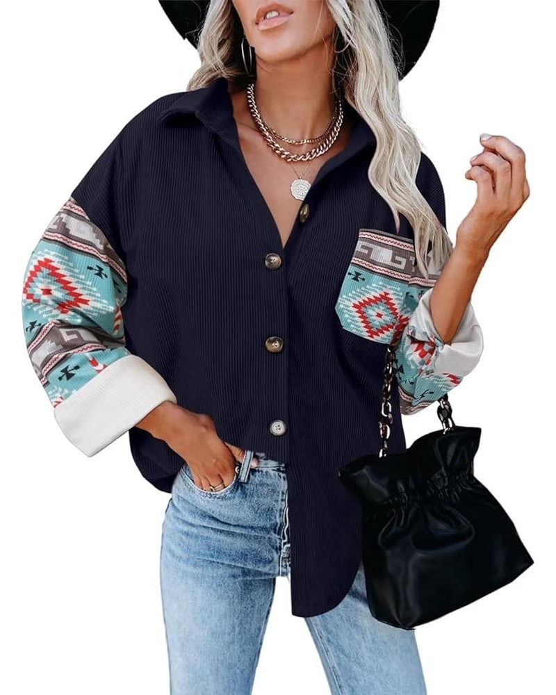 Womens Button Down Shirts Casual Long Sleeve Shacket Jacket Loose Fit Blouses Tops E Navy Flower $14.74 Blouses