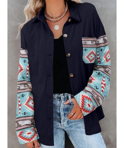 Womens Button Down Shirts Casual Long Sleeve Shacket Jacket Loose Fit Blouses Tops E Navy Flower $14.74 Blouses