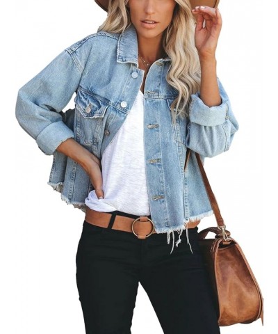 Women's Ribbed Distressed Denim Jacket Long Sleeve Button Up Jean Coat With Frayed Hem Blue 01 $13.71 Jackets