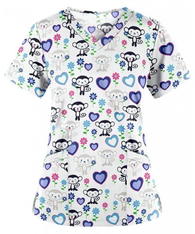 Womens Scrub Tops Summer Cute Animals Print Short Sleeve V Neck T Shirts Stretchy Nursing Uniform Tops with Pockets F-white $...