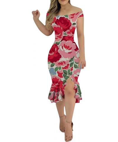 Semi Formal Dresses for Women, Slim One Shoulder Neck Sexy Cocktail Dress Floral Printed Summer Ruffled Long Dresses 03-red $...