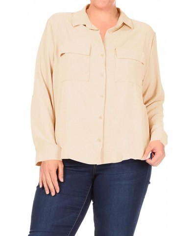 Women's Plus Size Long Sleeve Solid Button Down Casual Shirts Top Msh00988 Taupe $15.27 Blouses