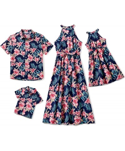 Matching Hawaiian Outfits for Family Mommy and Me Dresses Matching Set Tropical Floral Halter Sundress and Shirts Women Navy ...