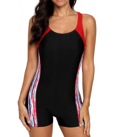 Swimsuit Women Boyleg One Piece Water Aerobic Competitive Bathing Suit Red Black Printed $16.92 Swimsuits