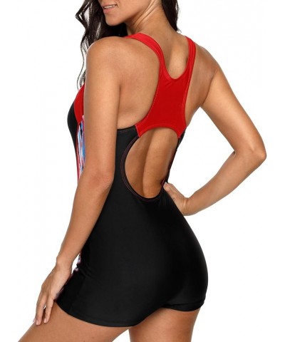 Swimsuit Women Boyleg One Piece Water Aerobic Competitive Bathing Suit Red Black Printed $16.92 Swimsuits