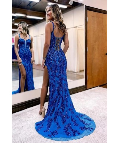 Sequin Long Prom Dresses with Slit Tulle Formal Dress Evening Party Gowns with Lace Applique Navy Blue $38.70 Dresses