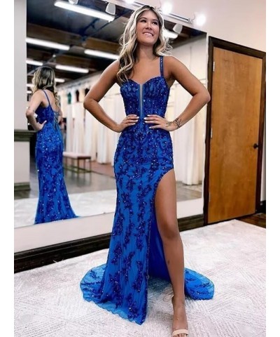 Sequin Long Prom Dresses with Slit Tulle Formal Dress Evening Party Gowns with Lace Applique Navy Blue $38.70 Dresses