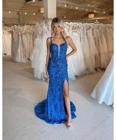 Sequin Long Prom Dresses with Slit Tulle Formal Dress Evening Party Gowns with Lace Applique Navy Blue $38.70 Dresses