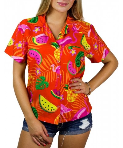 Funky Casual Hawaiian Blouse Shirt Women Front Pocket Button Down Very Loud Shortsleeve Party Flamingo Melon Print New Flamin...