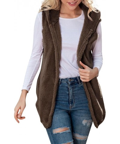 Puffy Vest Women Fuzzy Sherpa Fleece Vest Cozy Sleeveless Sweater with Pocket Open Front Hooded Waistcoat Outerwear 03-coffee...