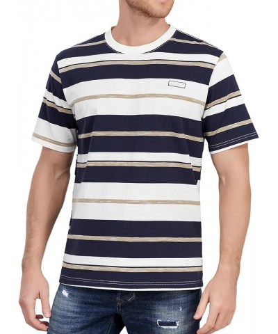 Men's Crew Neck Stripe T-Shirt Loose Short Sleeved Cotton T-Shirt Navy Blue and White Stripes $16.49 T-Shirts