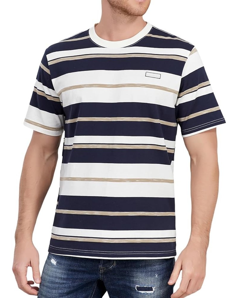 Men's Crew Neck Stripe T-Shirt Loose Short Sleeved Cotton T-Shirt Navy Blue and White Stripes $16.49 T-Shirts