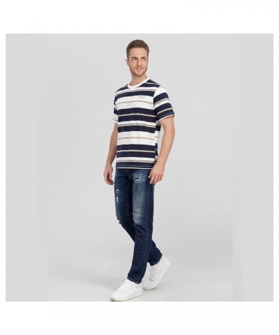 Men's Crew Neck Stripe T-Shirt Loose Short Sleeved Cotton T-Shirt Navy Blue and White Stripes $16.49 T-Shirts