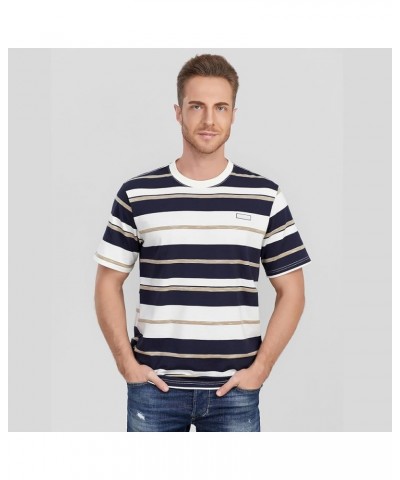 Men's Crew Neck Stripe T-Shirt Loose Short Sleeved Cotton T-Shirt Navy Blue and White Stripes $16.49 T-Shirts