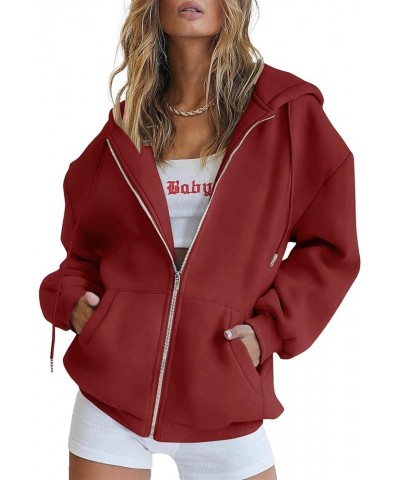 Women's Zip Up Y2K Hoodies Casual Long Sleeve Track Jackets With Pockets Brown Red $21.99 Hoodies & Sweatshirts