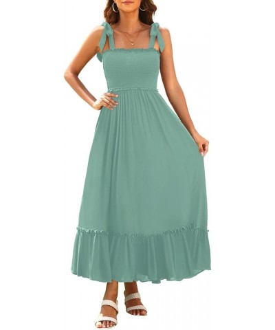 Women's Summer Spaghetti Strap Maxi 2024 Square Neck Boho Smocked Tiered Beach Long Flowy Sundress Green $27.25 Dresses