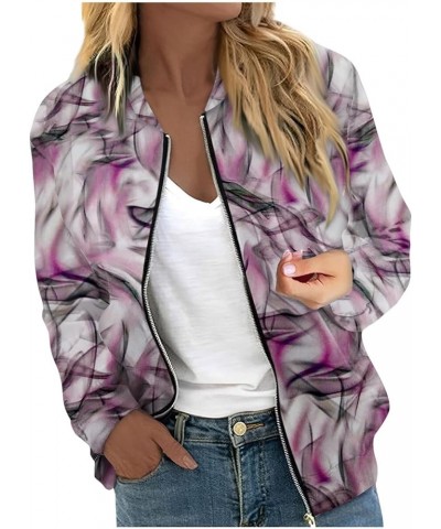 Women's Bomber Jacket Casual Vintage Print Long Sleeve Stand Collar Zip Up Fall Winter Outerwear Windbreaker Coats 01-purple ...