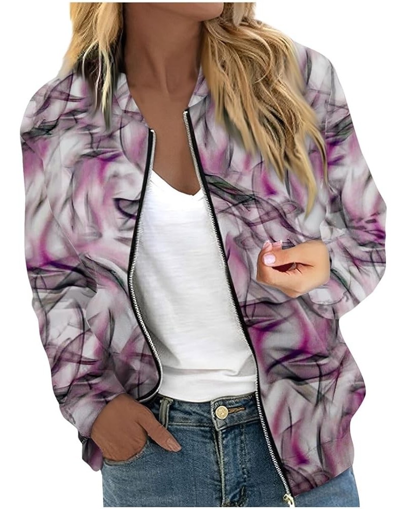 Women's Bomber Jacket Casual Vintage Print Long Sleeve Stand Collar Zip Up Fall Winter Outerwear Windbreaker Coats 01-purple ...