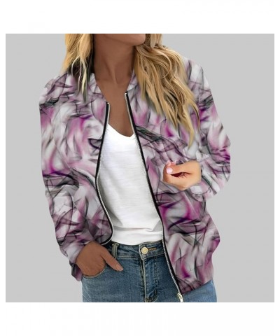 Women's Bomber Jacket Casual Vintage Print Long Sleeve Stand Collar Zip Up Fall Winter Outerwear Windbreaker Coats 01-purple ...