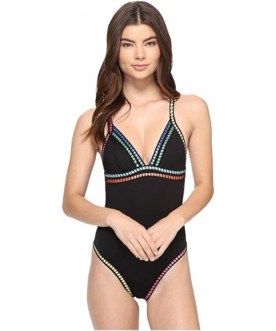 Women's V-Neck One Piece Swimsuit Black / Threading Along Print $51.55 Swimsuits