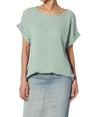 Women's Casual Office Cuffed Dolman Short Sleeve Boat Neck Loose Chiffon Top Light Green $9.24 Tops